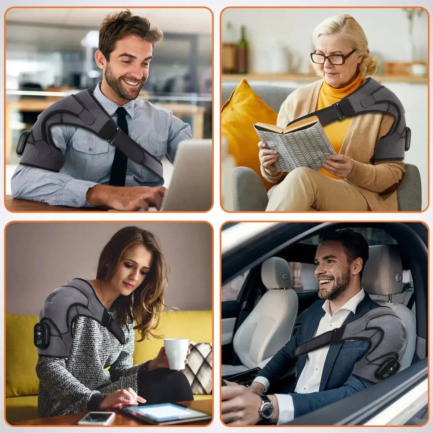People using electric heating shoulder pad for pain relief in various settings: working, reading, relaxing, and driving.