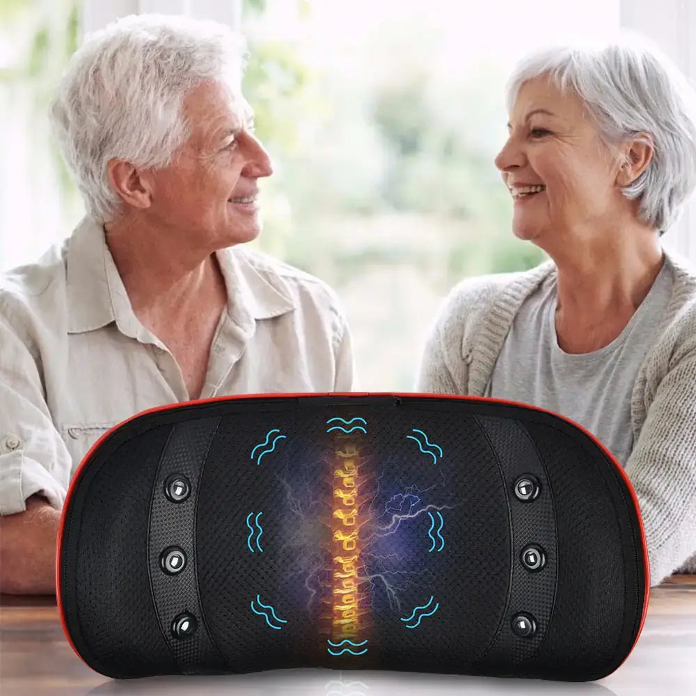 Elderly couple enjoying comfort with back stretcher spinal decompression heated massager.