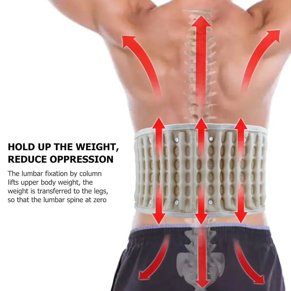 Back pain relief belt providing lumbar support and decompression for increased comfort and mobility.