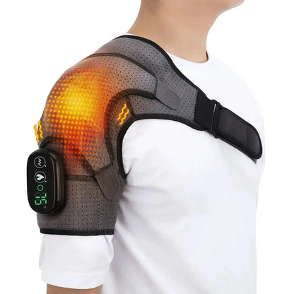 Electric shoulder heating pad for pain relief with adjustable strap and control panel, shown on person's shoulder.