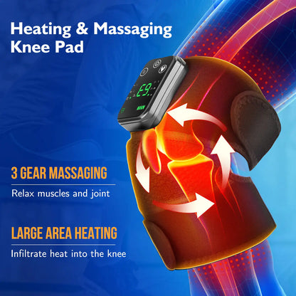 Knee heating massager with 3 gear massage and large area heating feature for pain relief and physiotherapy.