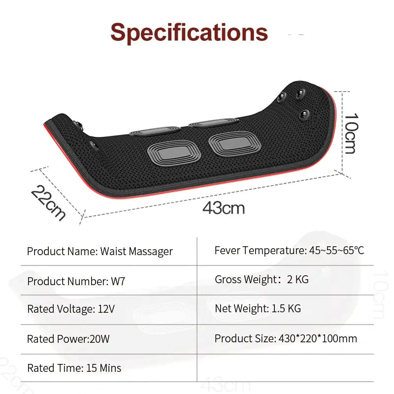 Back Stretcher Spinal Decompression Heated Massager specifications with dimensions, temperature range, and wattage details.