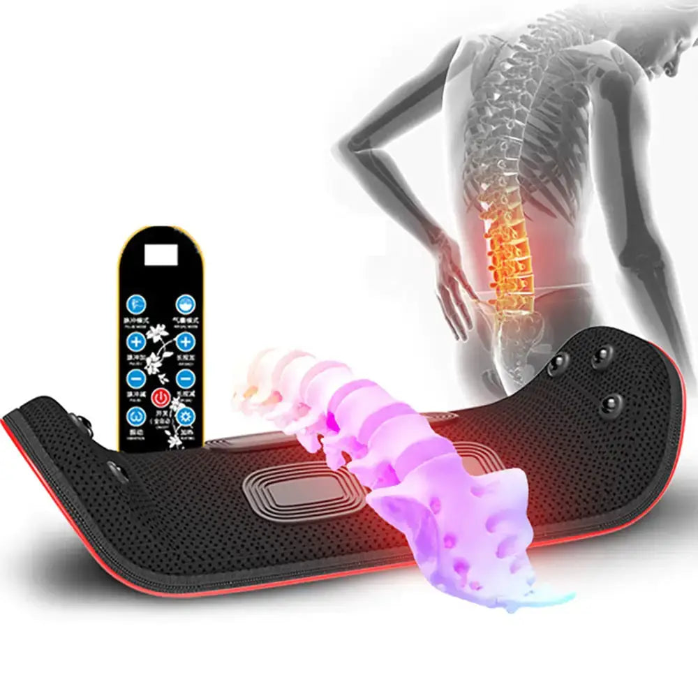 Back stretcher spinal decompression heated massager with remote control for relieving back pain and targeting tense muscles.