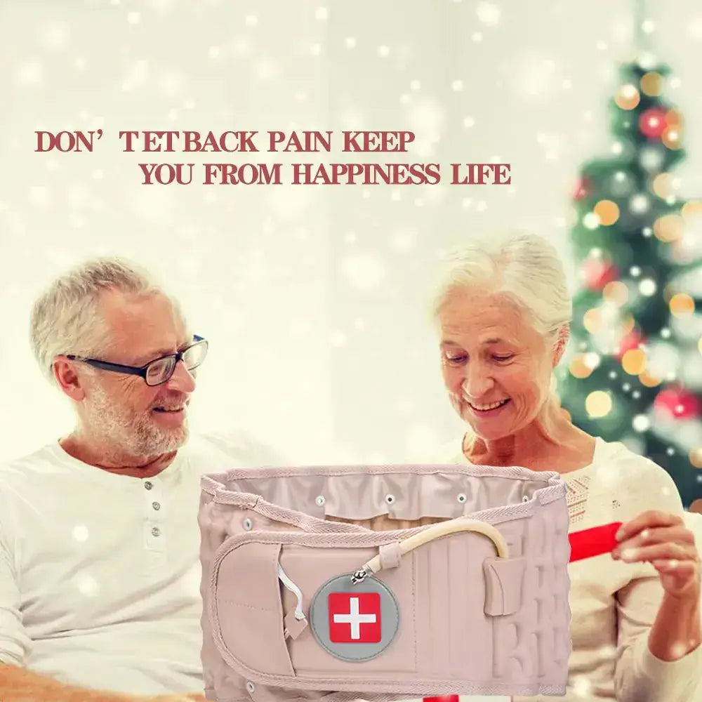 Elderly couple smiling with a back pain relief belt support during holiday celebration.