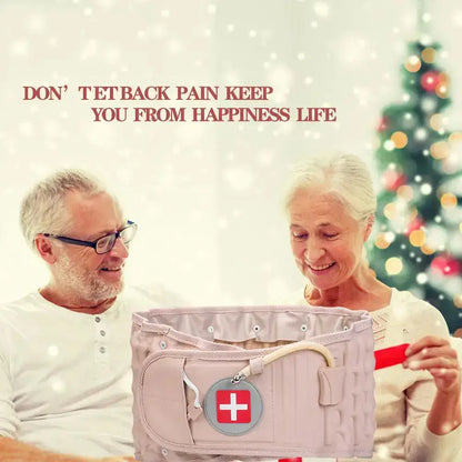 Elderly couple smiling with a back pain relief belt support during holiday celebration.