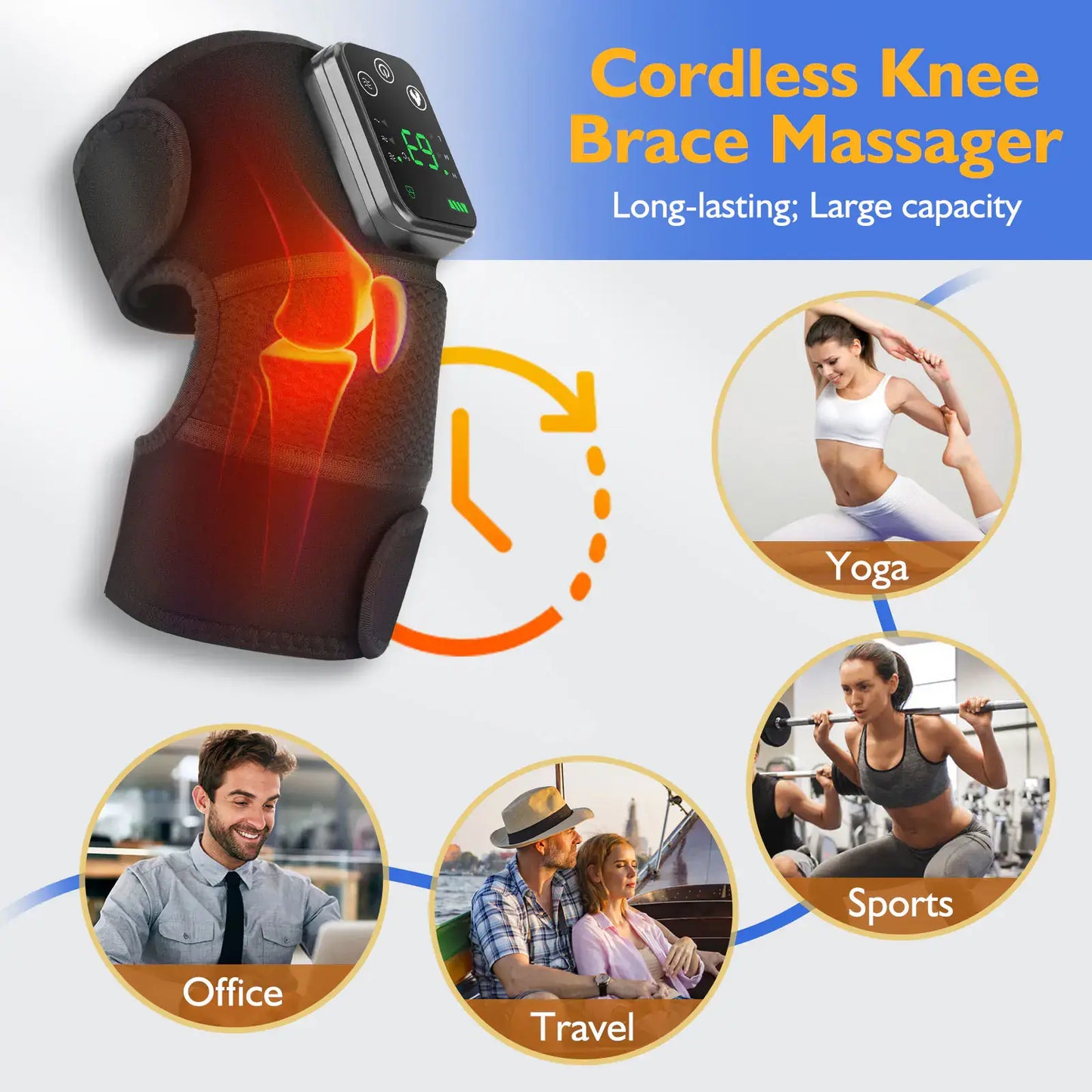 Cordless knee brace massager with heating and vibration for pain relief, suitable for office, travel, yoga, and sports activities.