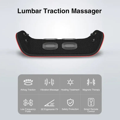 lumbar traction massager with airbag traction, vibration massage, and heating treatment functions for effective back pain relief