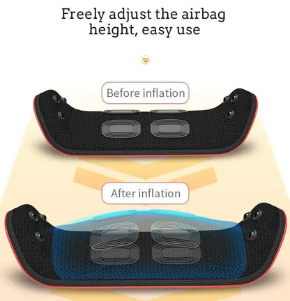 Back stretcher showing airbag height adjustment before and after inflation for spinal decompression and comfort.