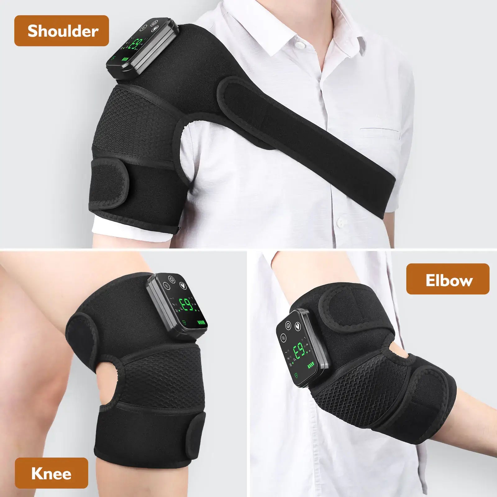 "Versatile heating massager for shoulder, knee, and elbow pain relief and therapy, featuring adjustable straps and digital display."