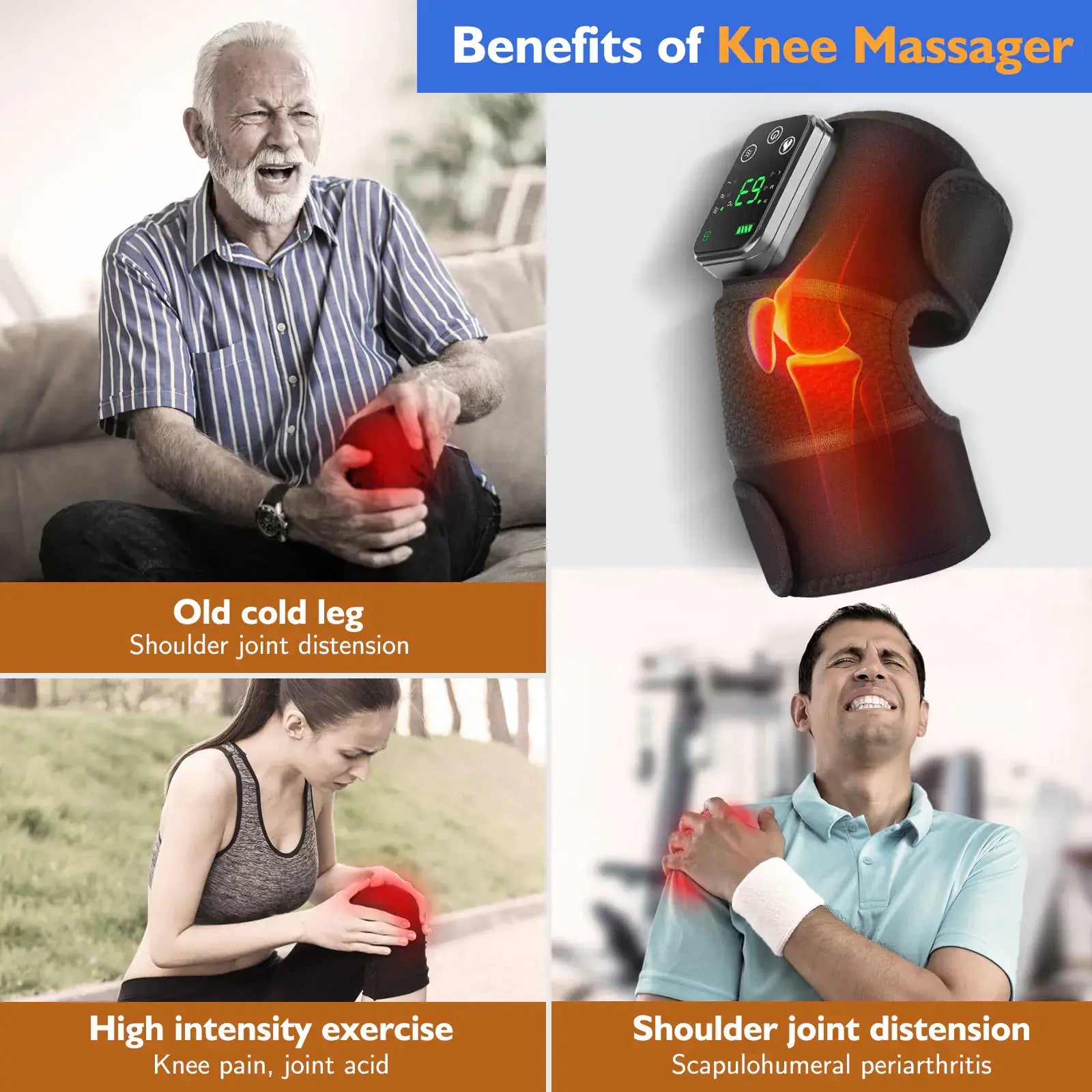 Benefits of the Knee Heating Massager for joint pain relief shown through images and text descriptions.