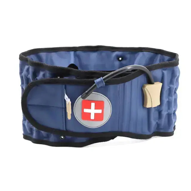 Back pain relief belt in blue with adjustable straps for lumbar support and decompression.