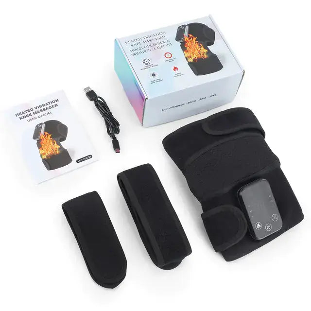 Knee heating massager set with dual therapy technology, including device, parts, and packaging for soothing relief and physiotherapy.