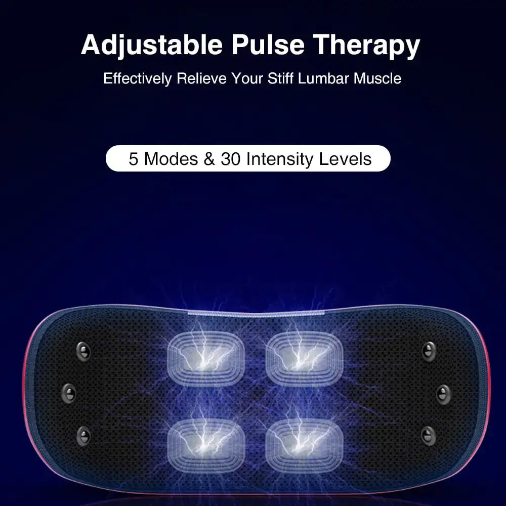 Adjustable pulse therapy device with 5 modes and 30 intensity levels for lumbar muscle relief.